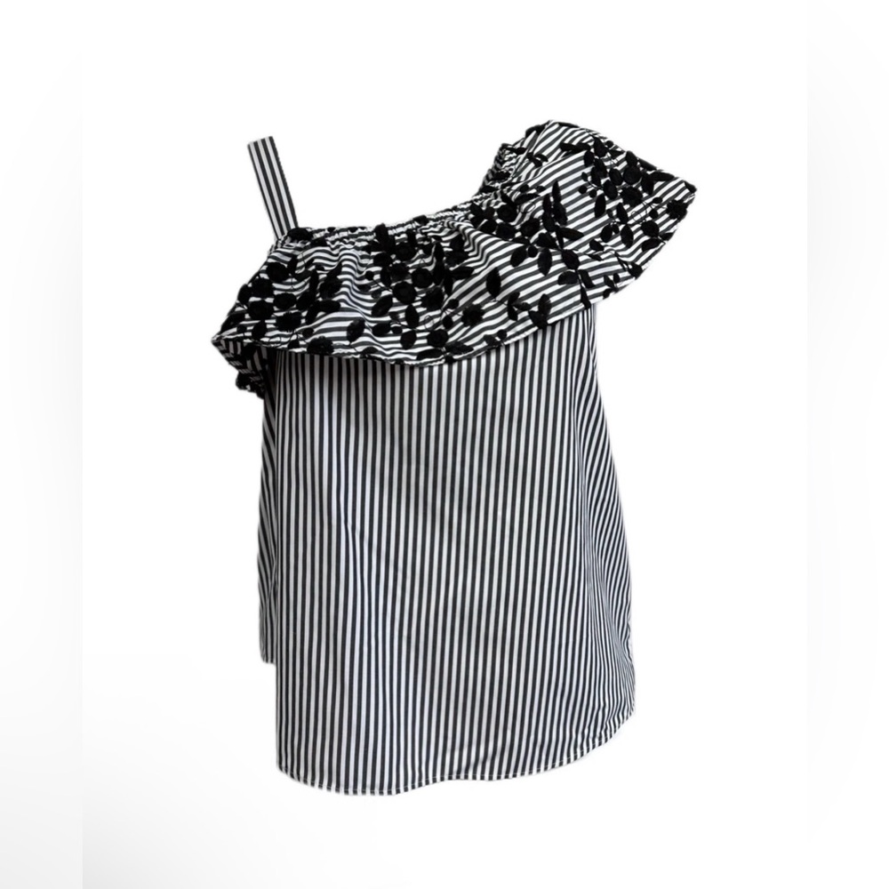 Marina Rinaldi Black and White Ruffled Striped Blouse- one shoulder